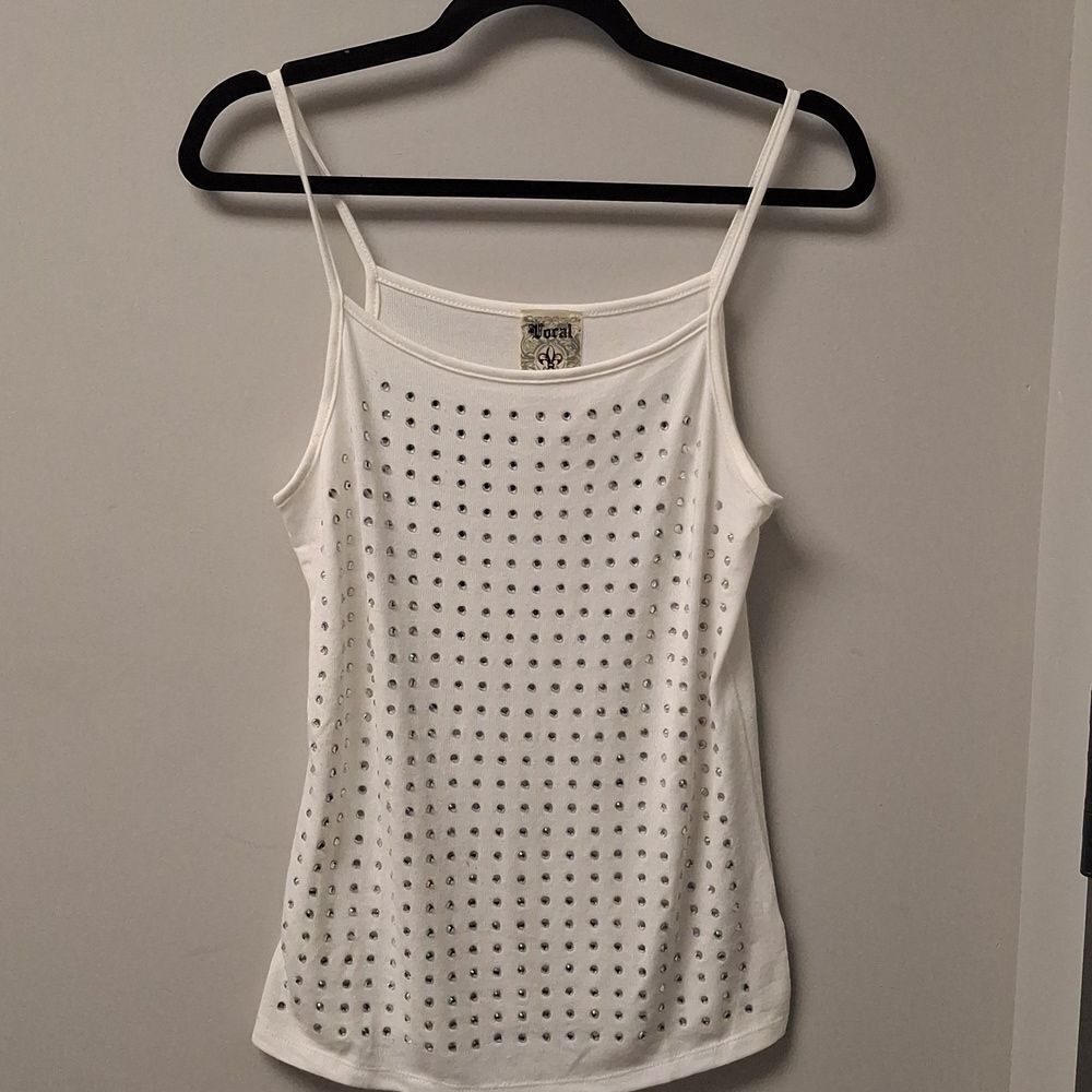 Vocal Tank Top Women White Rhinestone Spaghetti Strap
